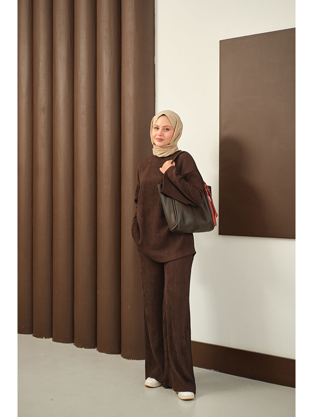 Kadın Bürümcük Desen Takım Kahverengi-3