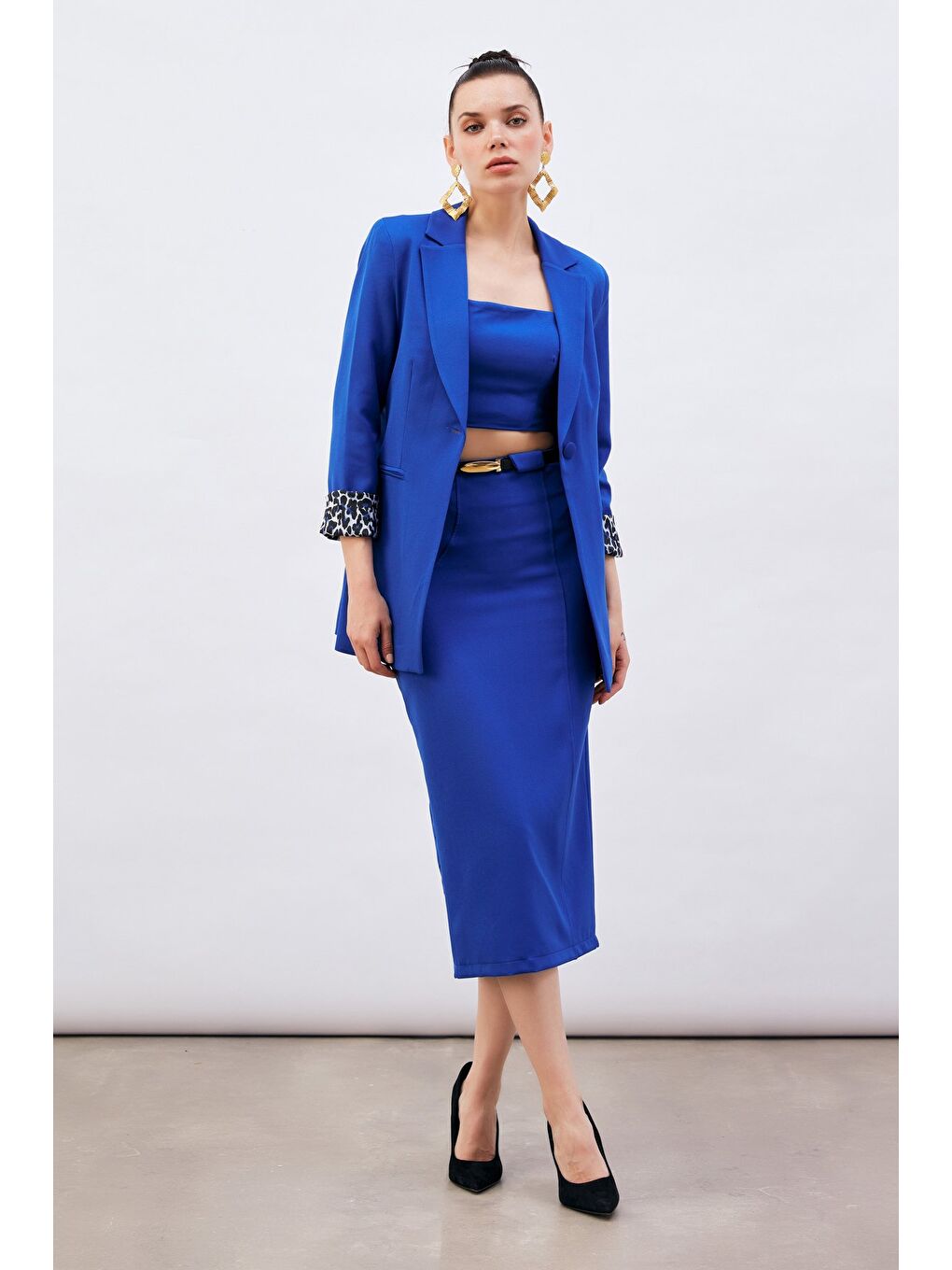 Kemerli Midi Boy Kalem Etek - Sax Mavi