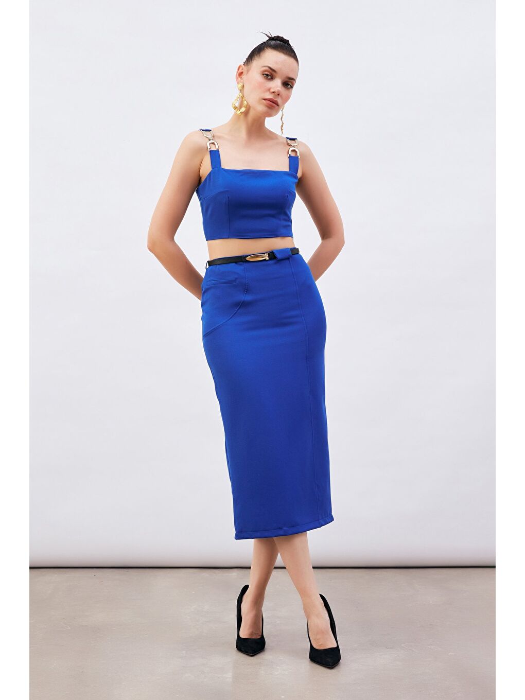 Kemerli Midi Boy Kalem Etek - Sax Mavi-1