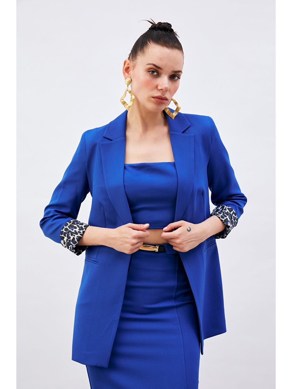 Kemerli Midi Boy Kalem Etek - Sax Mavi-2