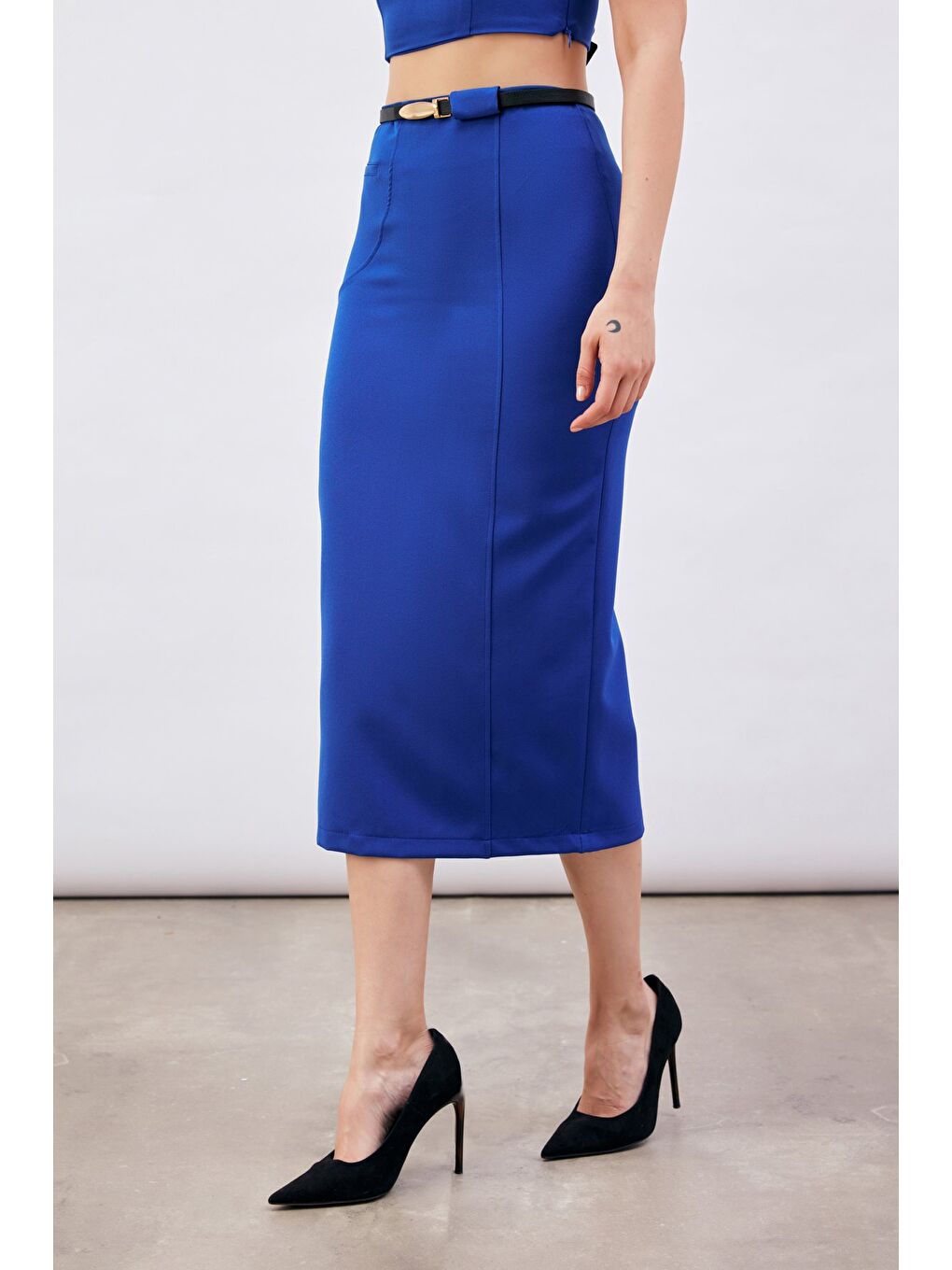 Kemerli Midi Boy Kalem Etek - Sax Mavi-3