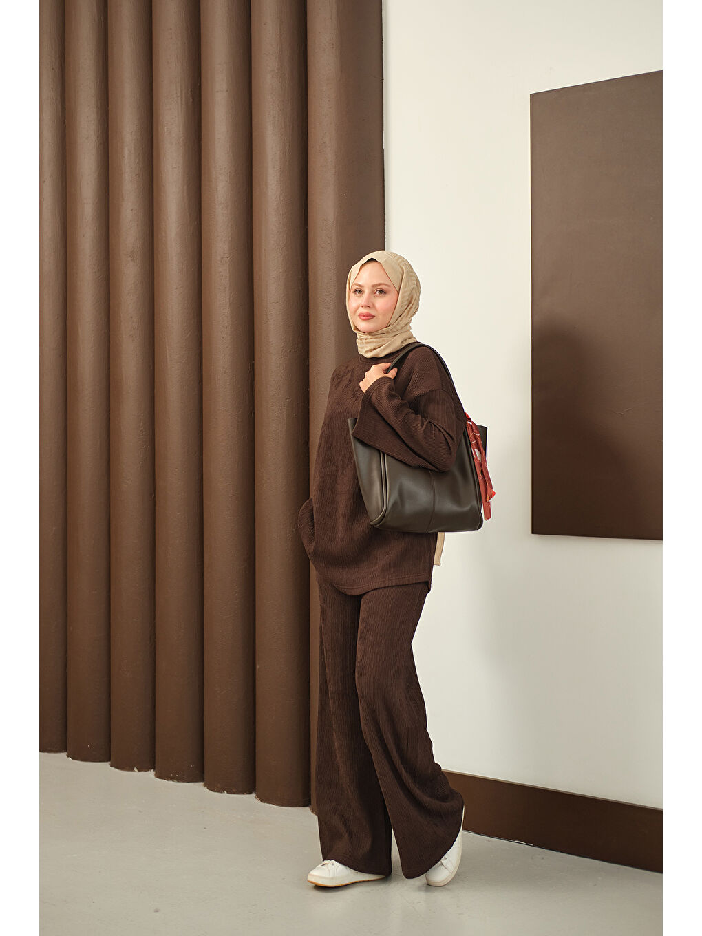 Kadın Bürümcük Desen Takım Kahverengi-4