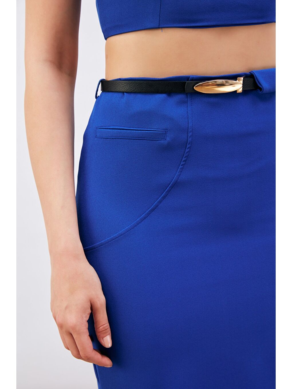 Kemerli Midi Boy Kalem Etek - Sax Mavi-4