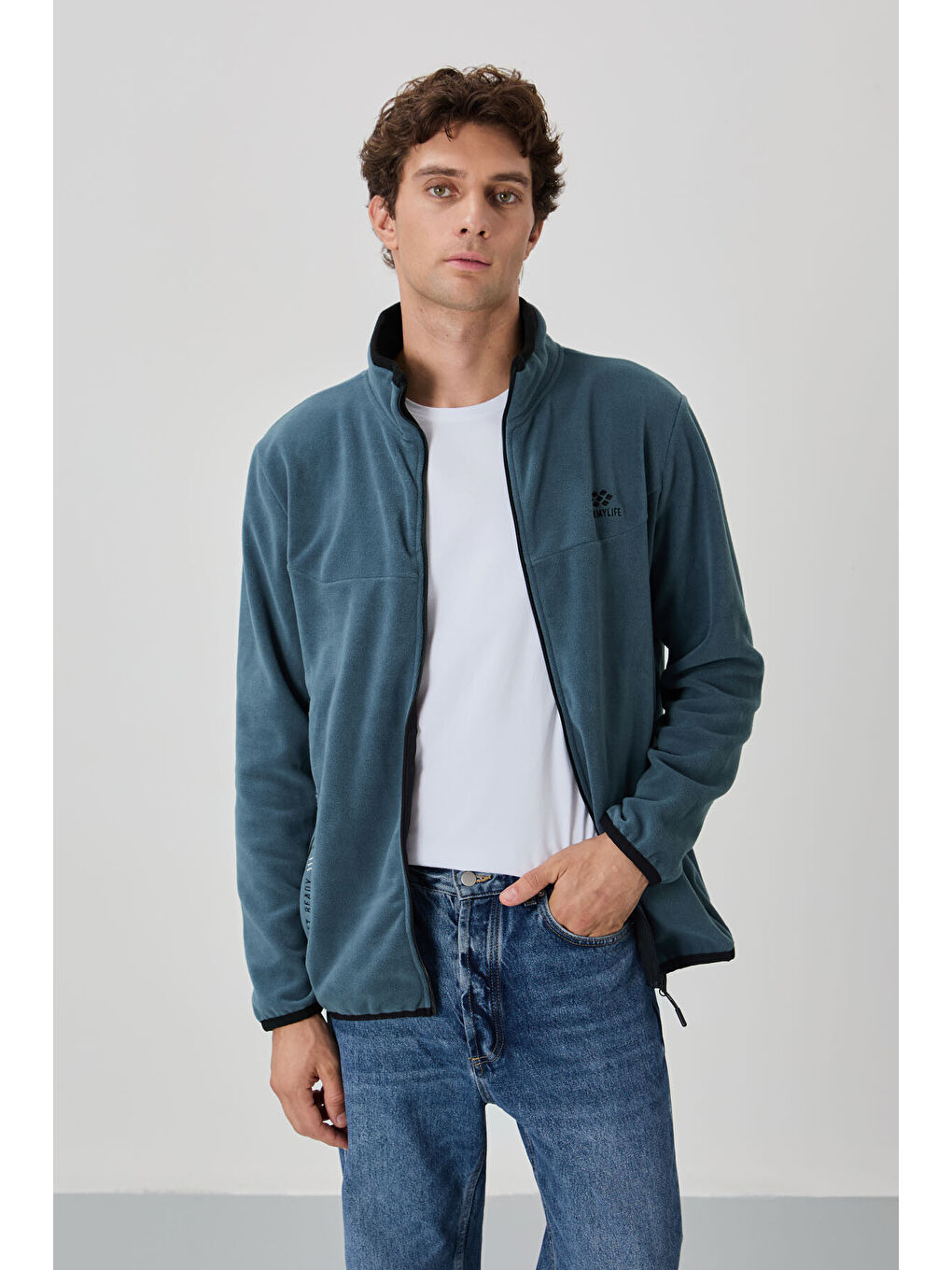 Petrol Yazı Nakışlı Dik Yaka  Standart Kalıp Erkek Fermuarlı Sweatshirt Polar - 87992-1