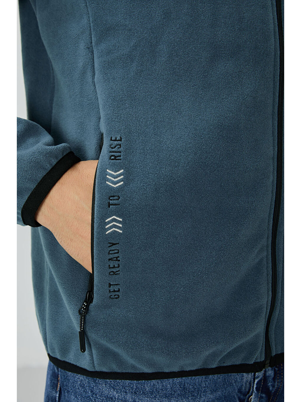 Petrol Yazı Nakışlı Dik Yaka  Standart Kalıp Erkek Fermuarlı Sweatshirt Polar - 87992-3