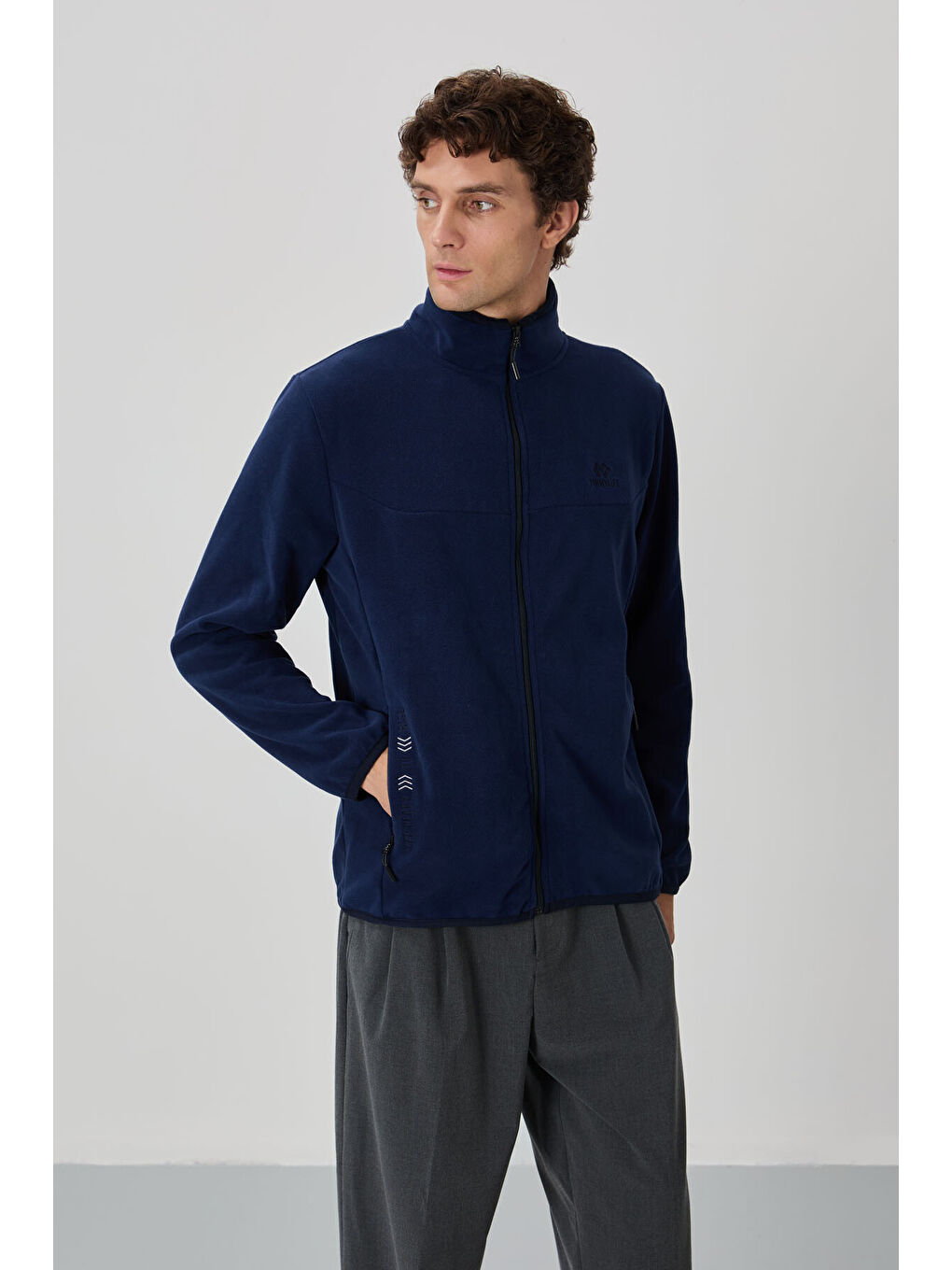 İndigo Yazı Nakışlı Dik Yaka  Standart Kalıp Erkek Fermuarlı Sweatshirt Polar - 87992-1