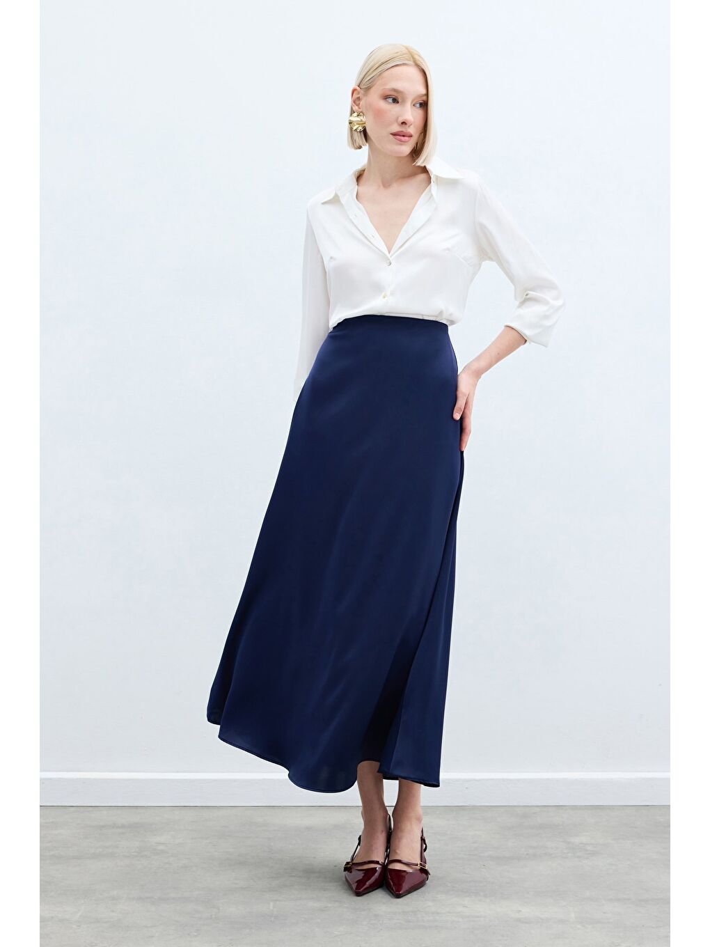 Uzun Saten Etek - Lacivert-1