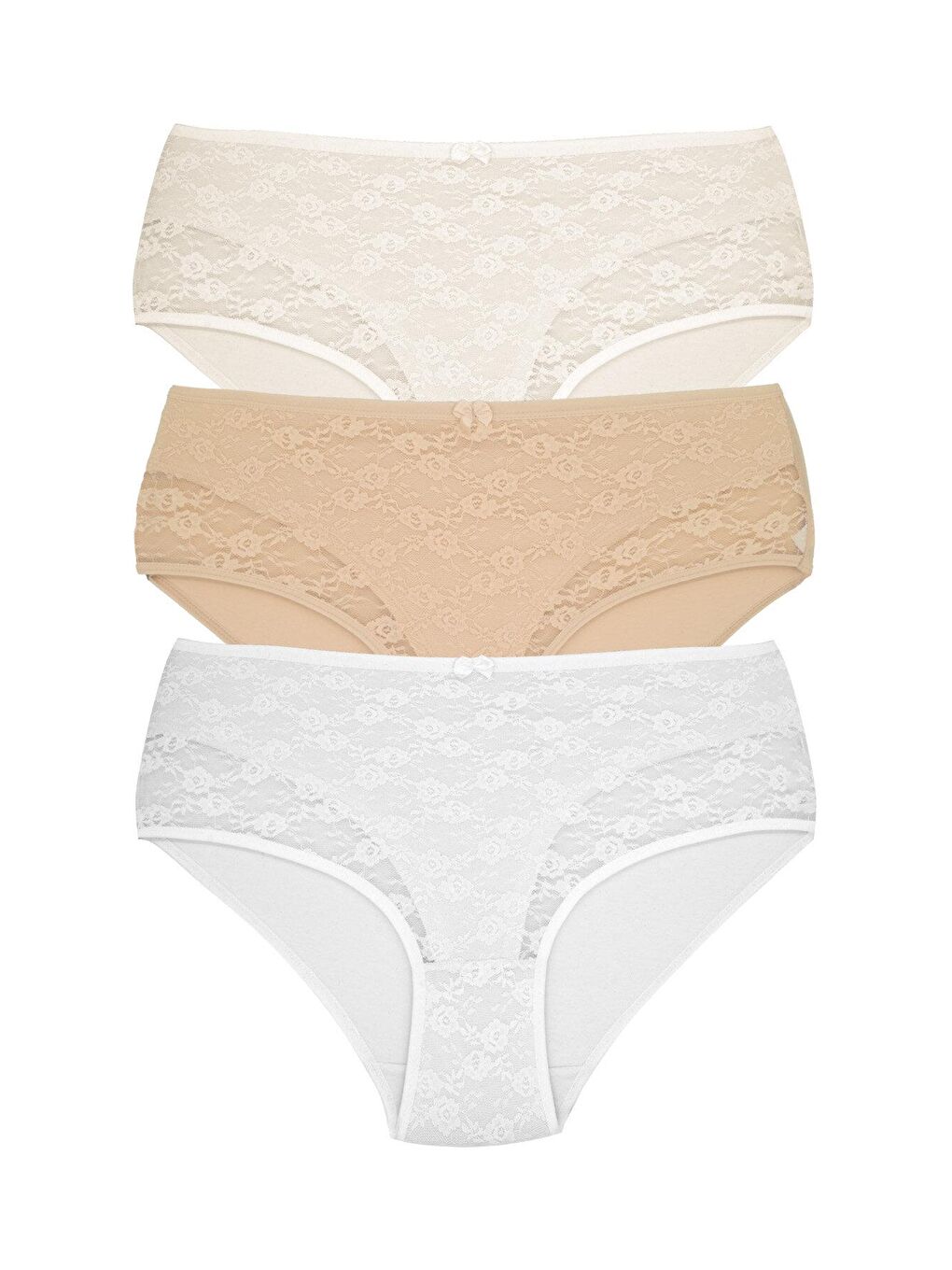 Ekru Pamuklu Önü Astarlı Lez Dantel Yüksek Bel Kadın Külot 3'lü