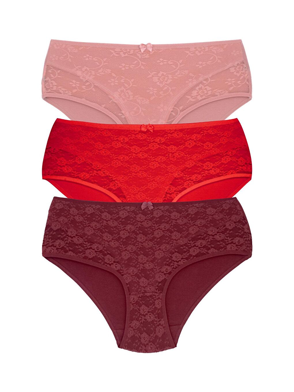 Kırmızı Pamuklu Önü Astarlı Lez Dantel Yüksek Bel Kadın Külot 3'lü