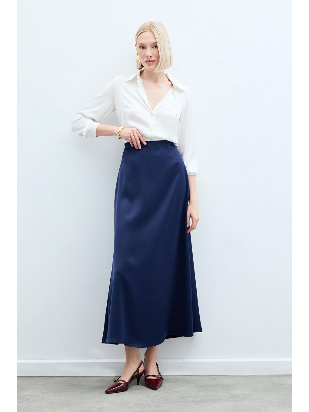 Uzun Saten Etek - Lacivert-3