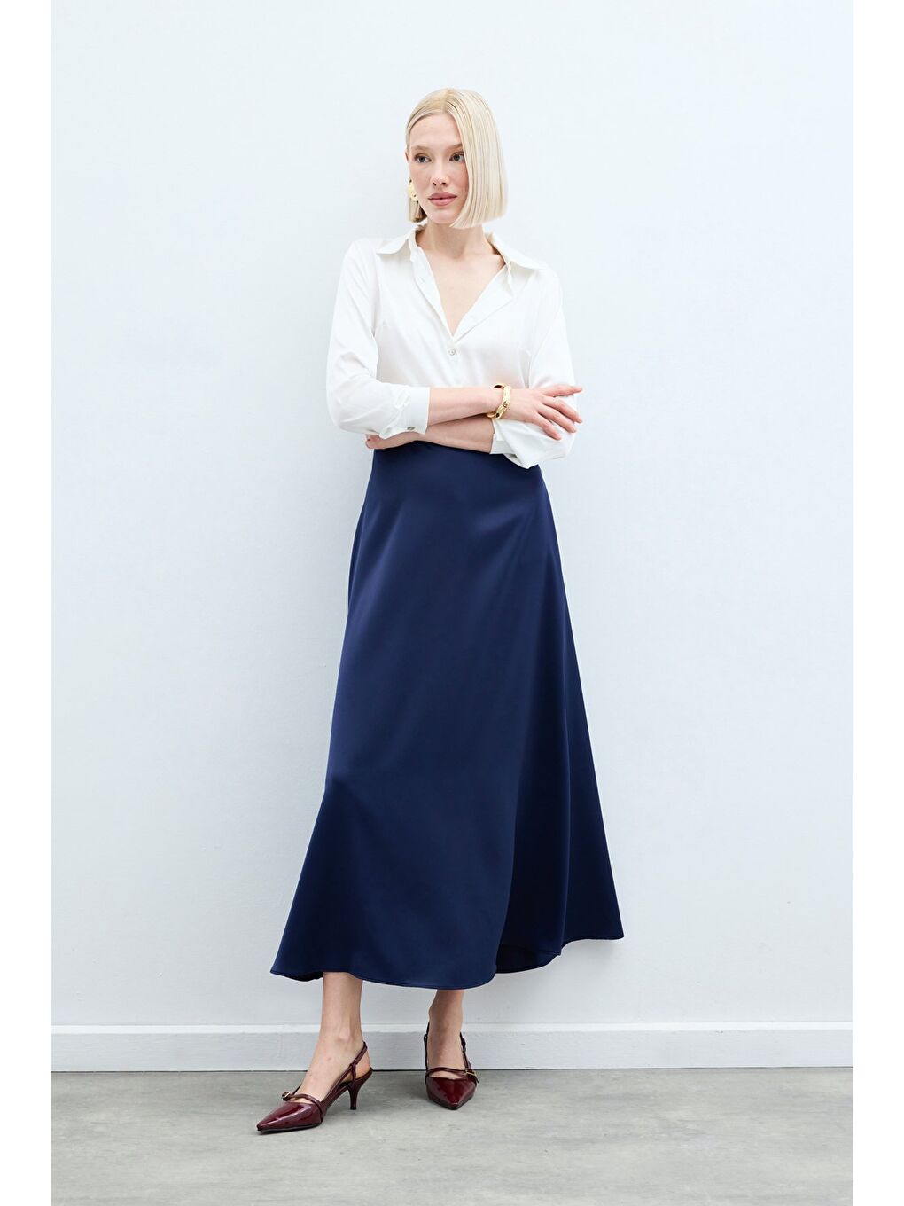 Uzun Saten Etek - Lacivert-4