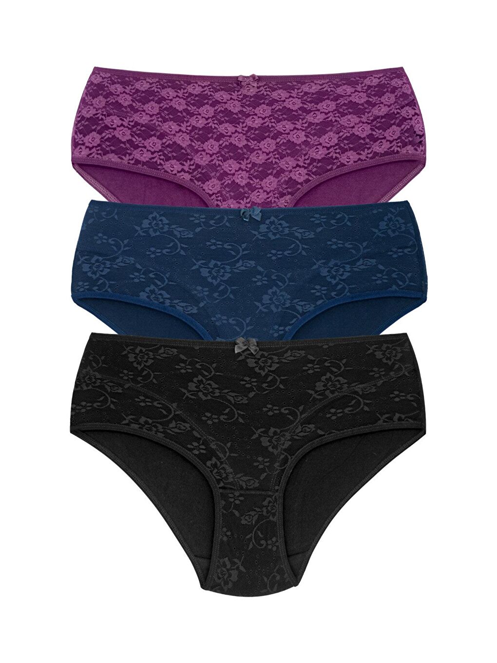 Siyah Pamuklu Önü Astarlı Lez Dantel Yüksek Bel Kadın Külot 3'lü