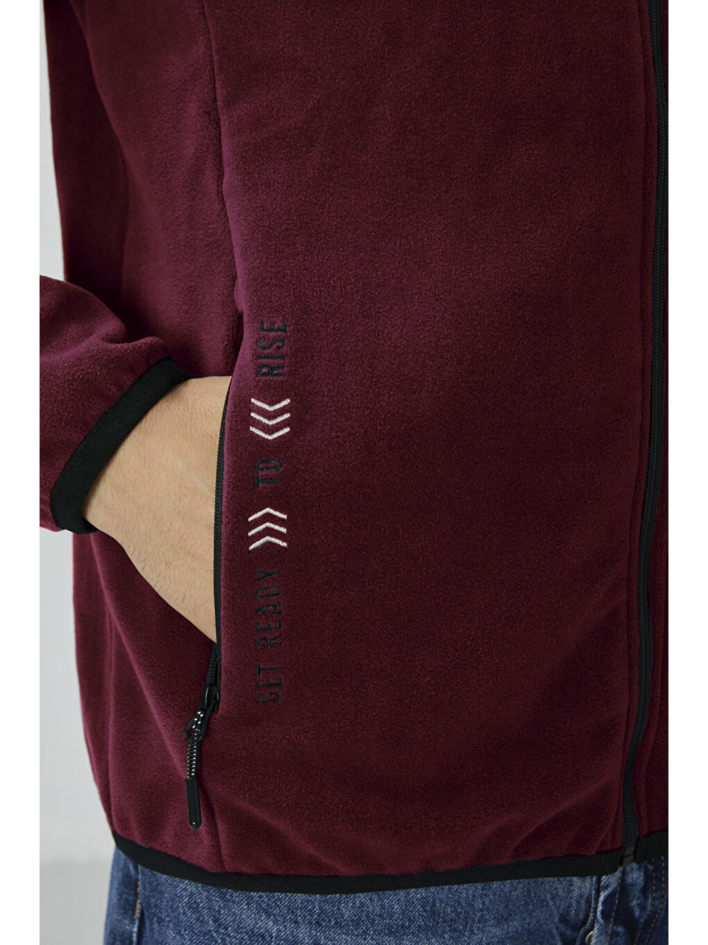 Bordo Erguvan Yazı Nakışlı Dik Yaka  Standart Kalıp Erkek Fermuarlı Sweatshirt Polar - 87992-3