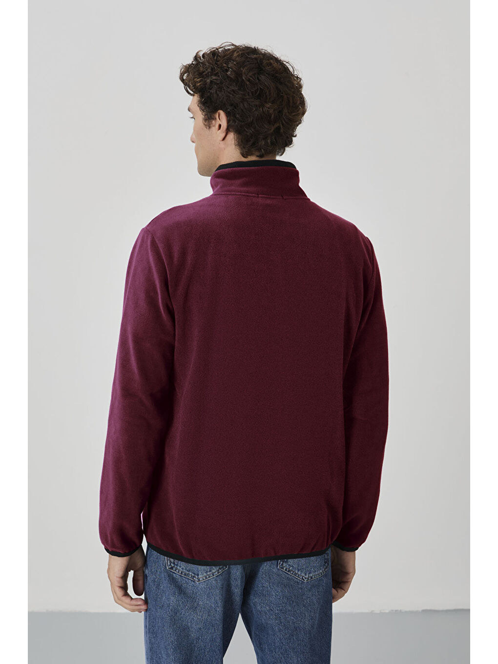Bordo Erguvan Yazı Nakışlı Dik Yaka  Standart Kalıp Erkek Fermuarlı Sweatshirt Polar - 87992-4