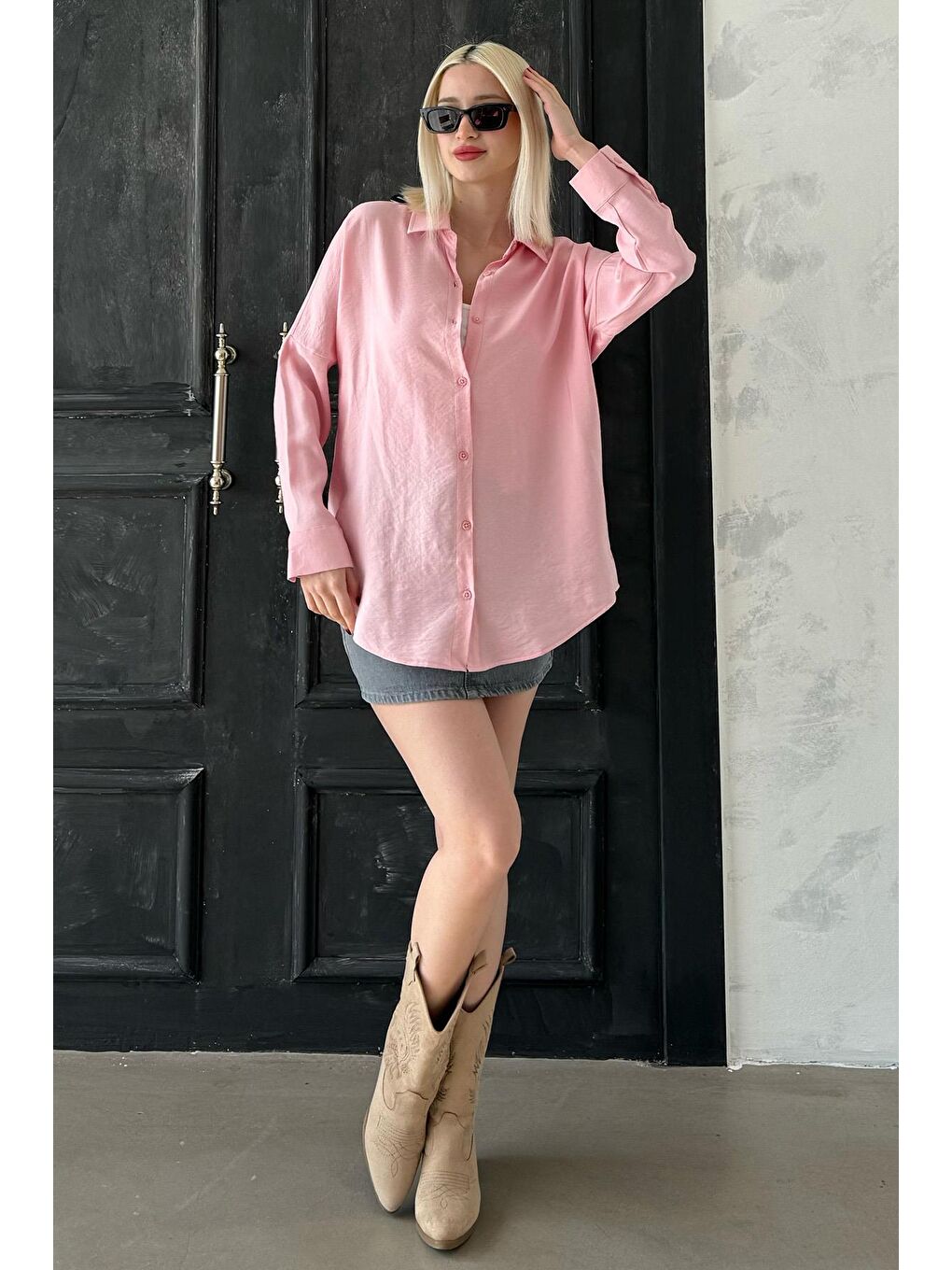Pembe Uzun Kollu Oversize Gömlek Mg2003