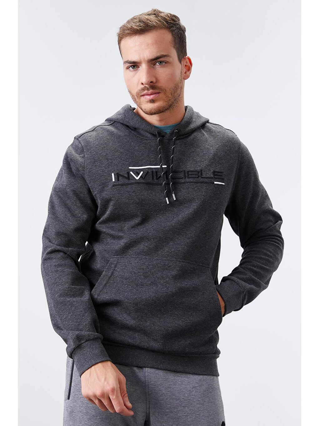 Antrasit Melanj Kanguru Cep Standart Kalıp Kapüşonlu  Erkek Hoodie - 87883-2