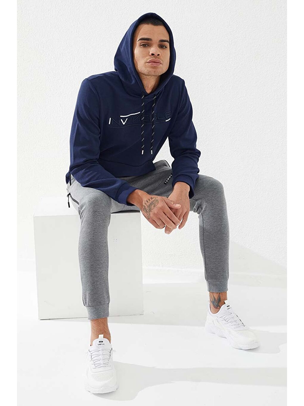 İndigo Kanguru Cep Standart Kalıp Kapüşonlu  Erkek Hoodie - 87883-1