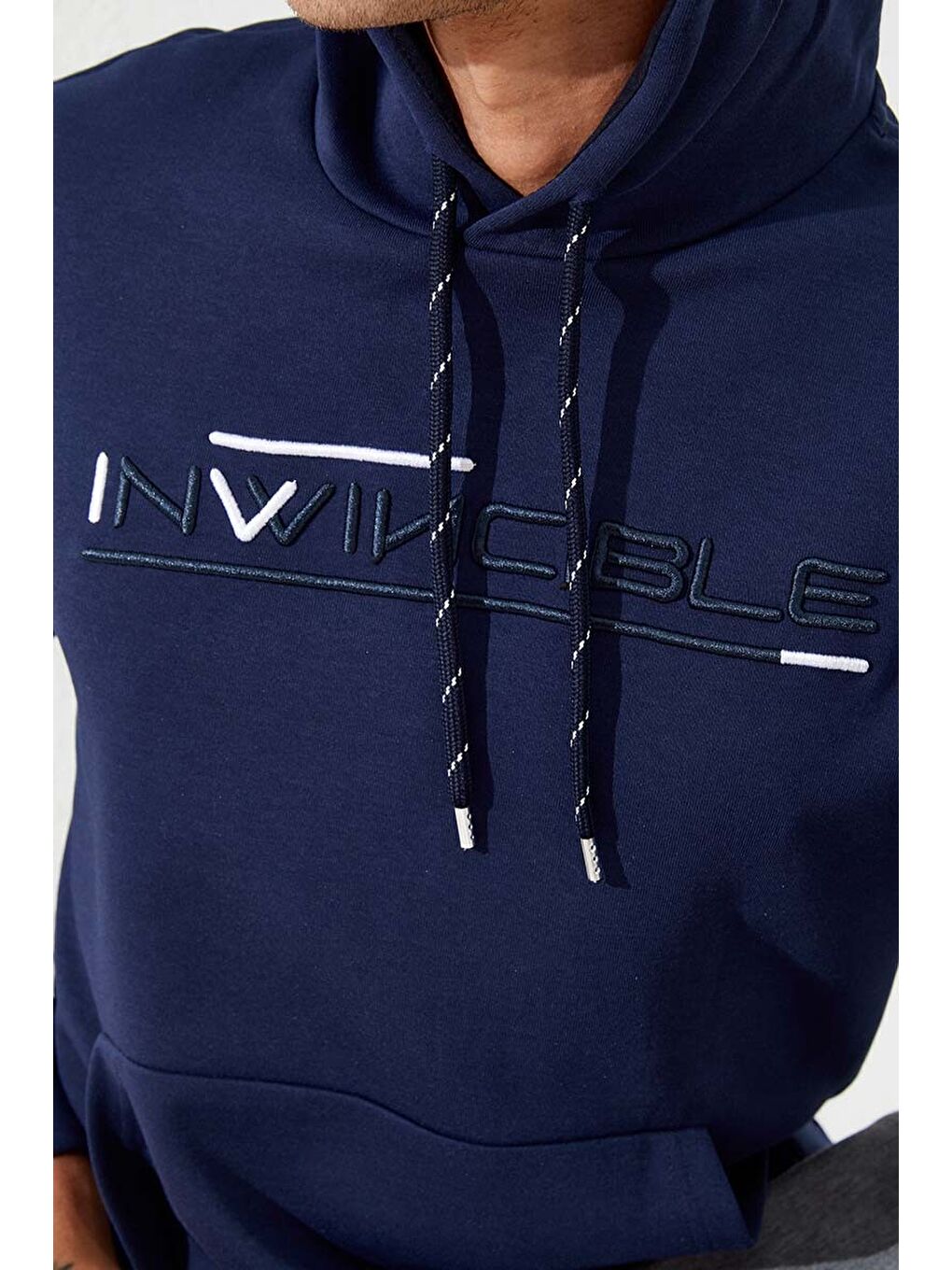 İndigo Kanguru Cep Standart Kalıp Kapüşonlu  Erkek Hoodie - 87883-2