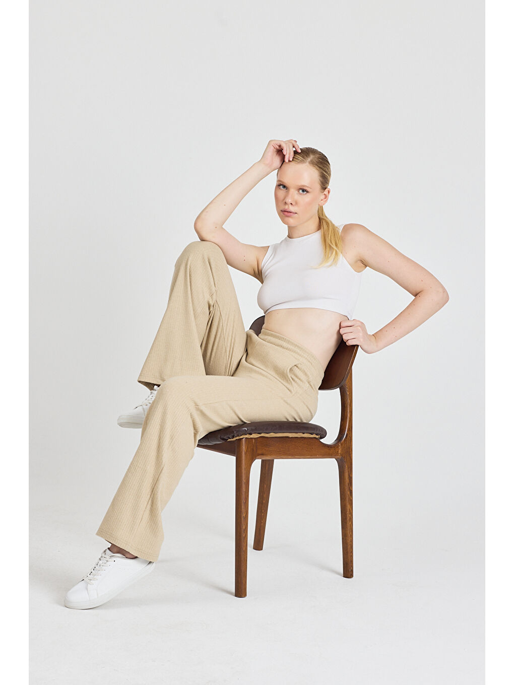 Kadın Bej Yüksek Bel Bol Paça Kaşkorse Fitilli Cepli Pantolon Eşofman Altı-3