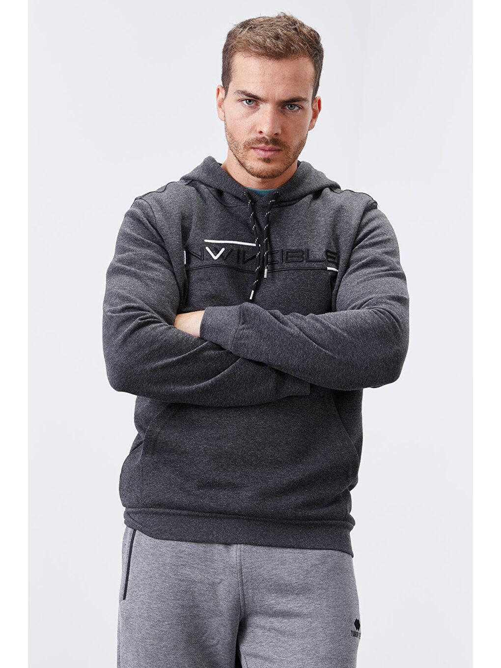 Antrasit Melanj Kanguru Cep Standart Kalıp Kapüşonlu  Erkek Hoodie - 87883-4