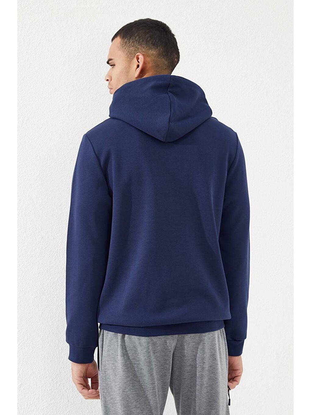 İndigo Kanguru Cep Standart Kalıp Kapüşonlu  Erkek Hoodie - 87883-4
