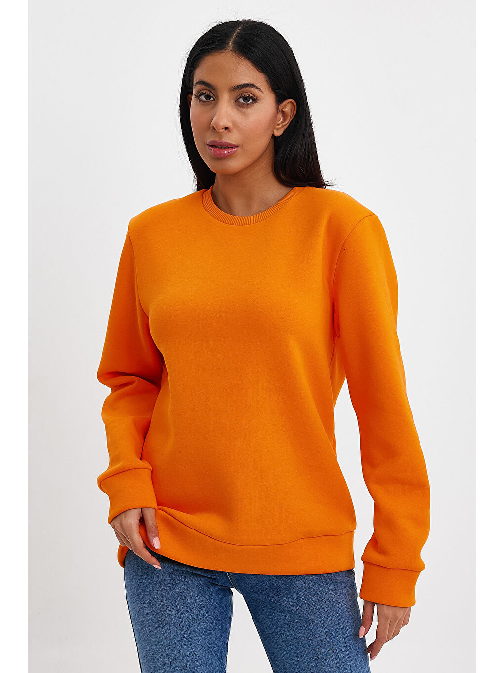 Turuncu Kadın Bisiklet Yaka Rahat Kalıp 3 iplik İçi Polarlı Kalın Sweatshirt SPR24SWK36-1