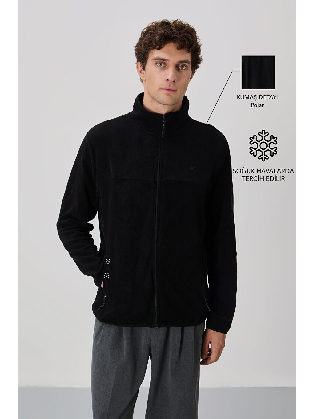 Siyah Yazı Nakışlı Dik Yaka  Standart Kalıp Erkek Fermuarlı Sweatshirt Polar - 87992-1