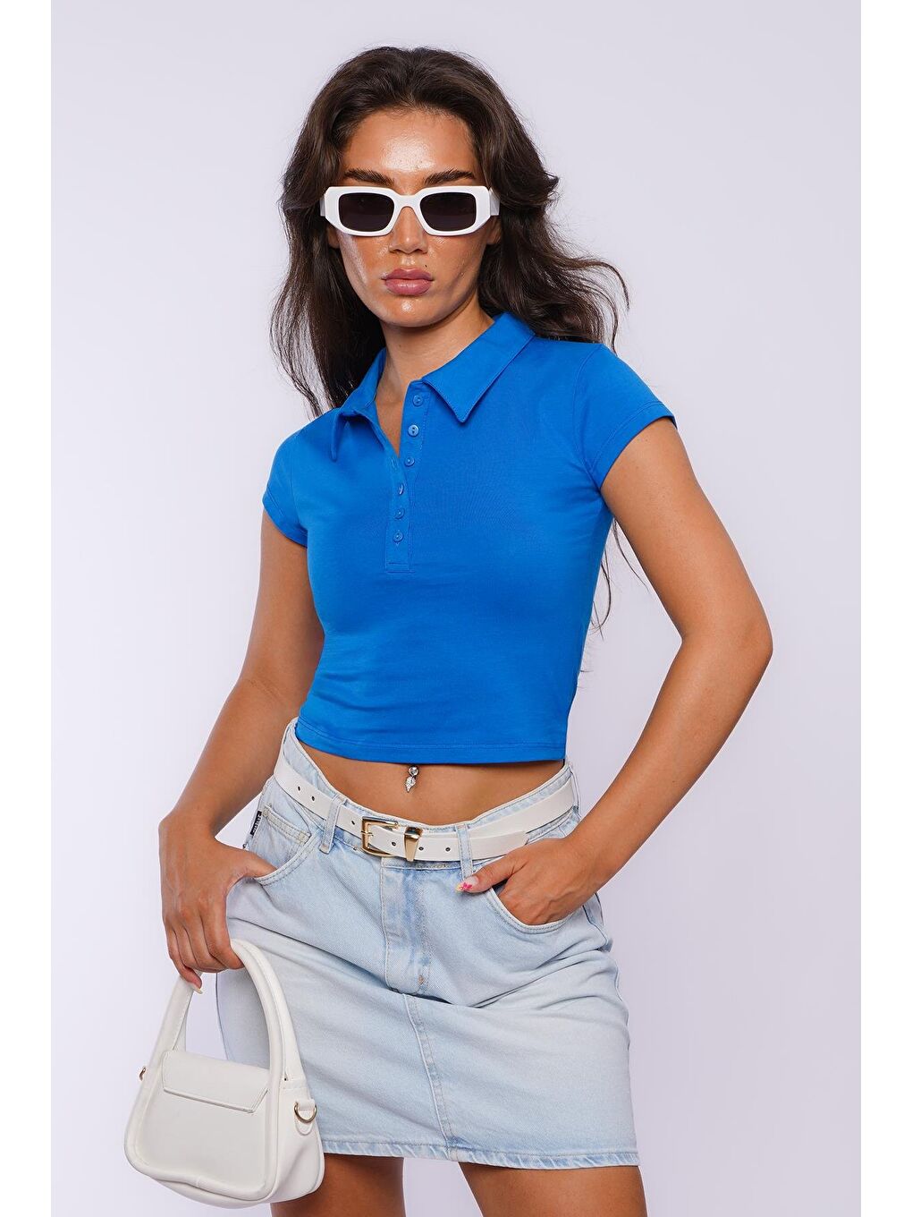 Mavi Polo Yaka Basic Kadın Tişört Mg2455-1