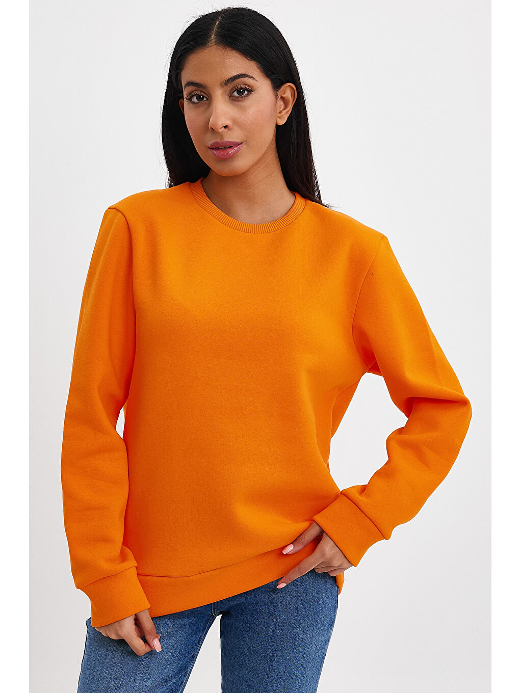 Turuncu Kadın Bisiklet Yaka Rahat Kalıp 3 iplik İçi Polarlı Kalın Sweatshirt SPR24SWK36-4
