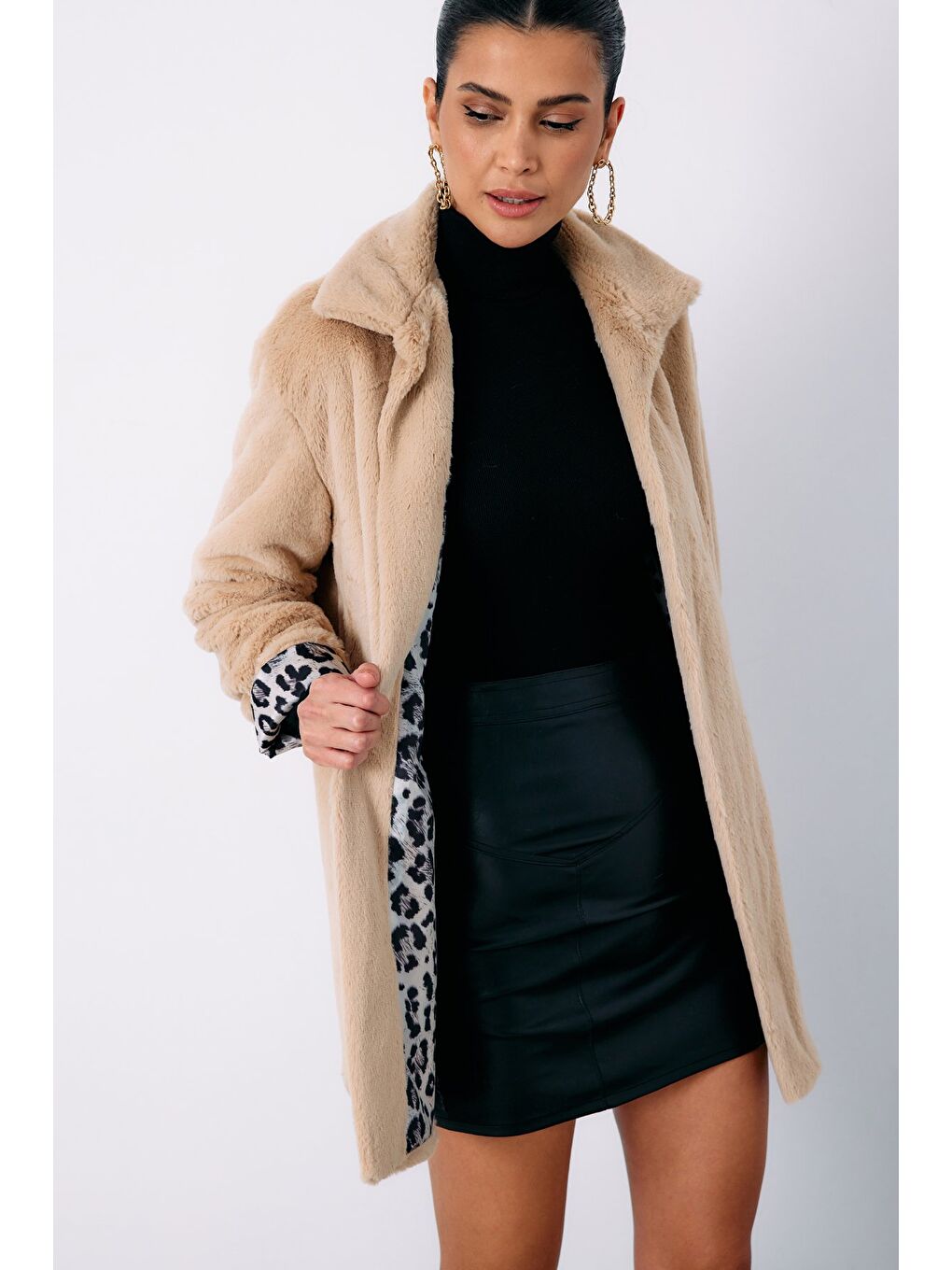 Leopar Astarlı Pelüş Kaban   Bej-3