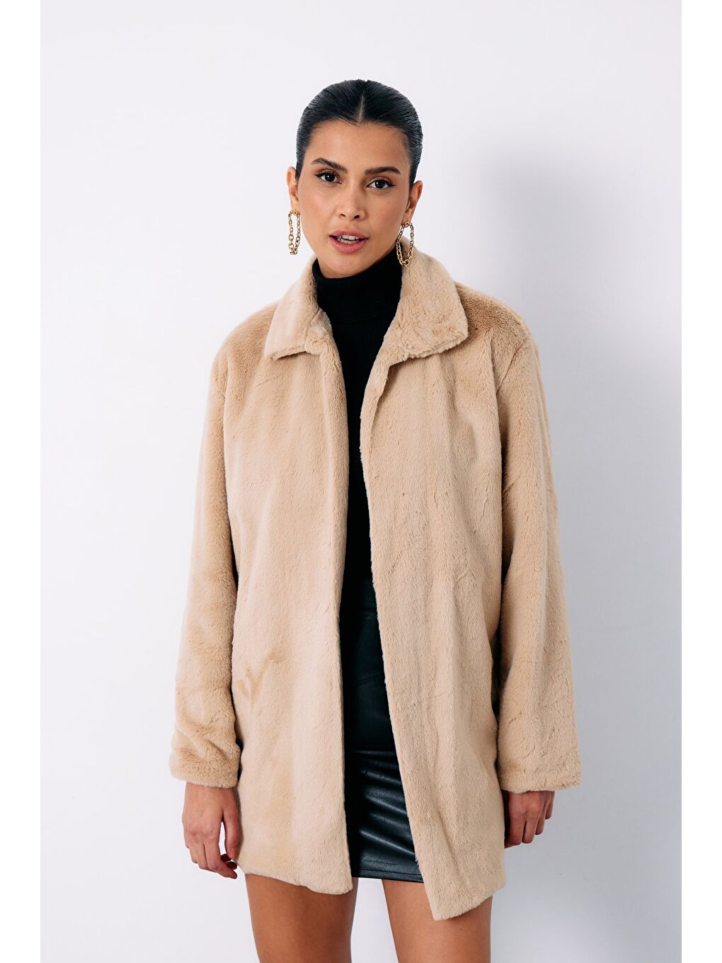 Leopar Astarlı Pelüş Kaban   Bej-4