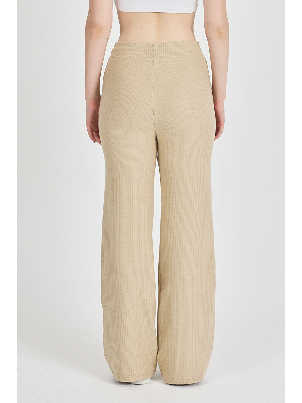 Kadın Bej Yüksek Bel Bol Paça Kaşkorse Fitilli Cepli Pantolon Eşofman Altı-6