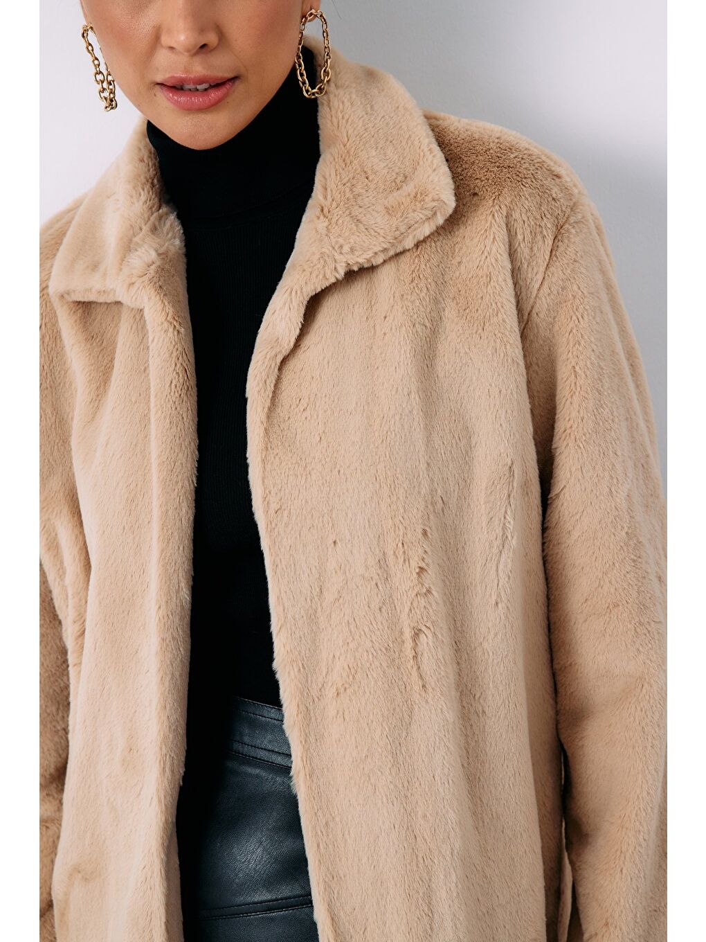 Leopar Astarlı Pelüş Kaban   Bej-5