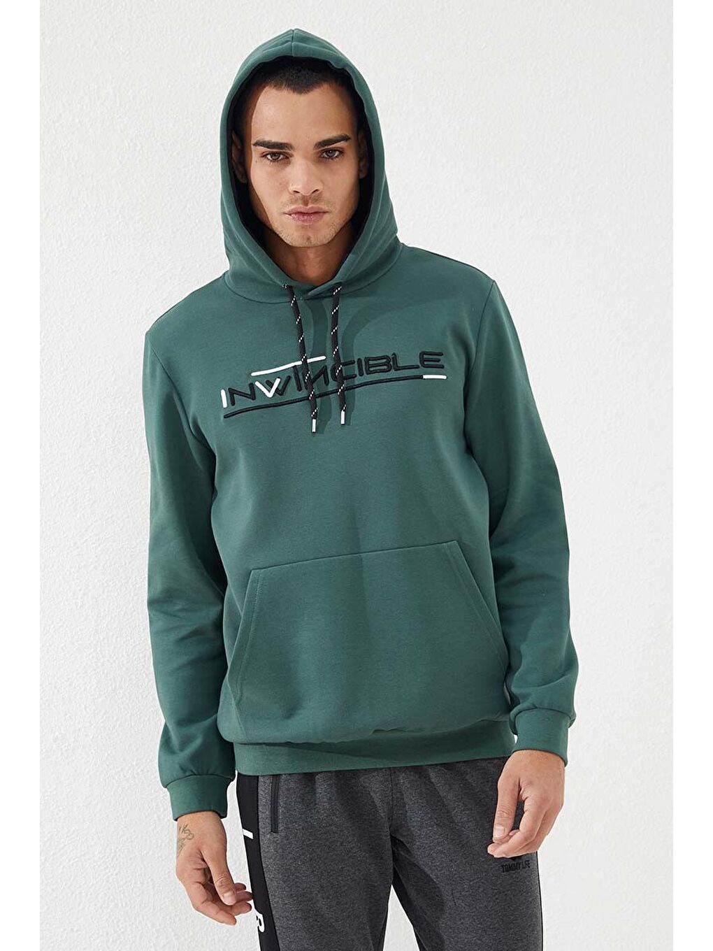 Yeşil Kanguru Cep Standart Kalıp Kapüşonlu  Erkek Hoodie - 87883