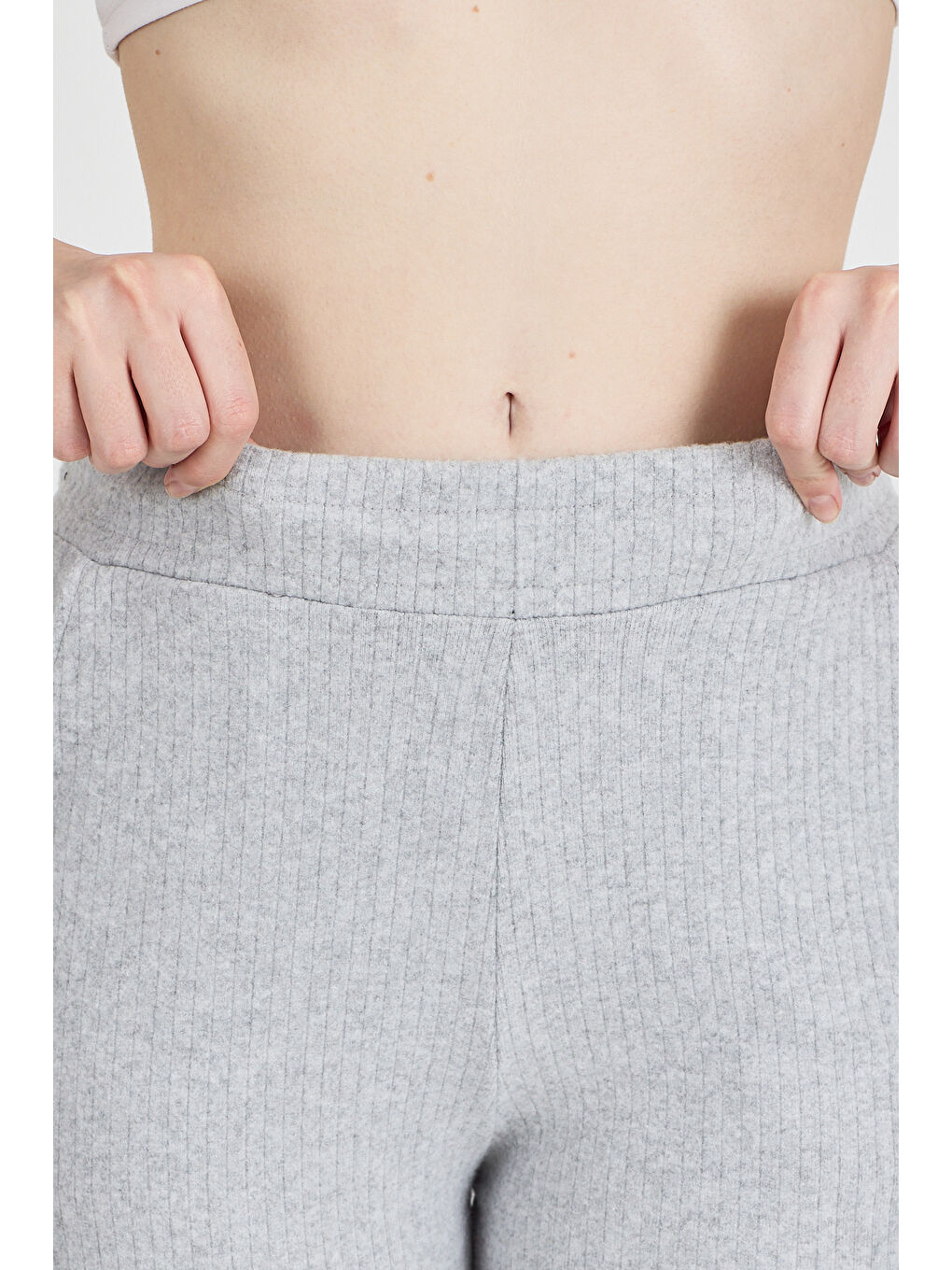 Kadın Gri Yüksek Bel Bol Paça Kaşkorse Fitilli Cepli Pantolon Eşofman Altı-4