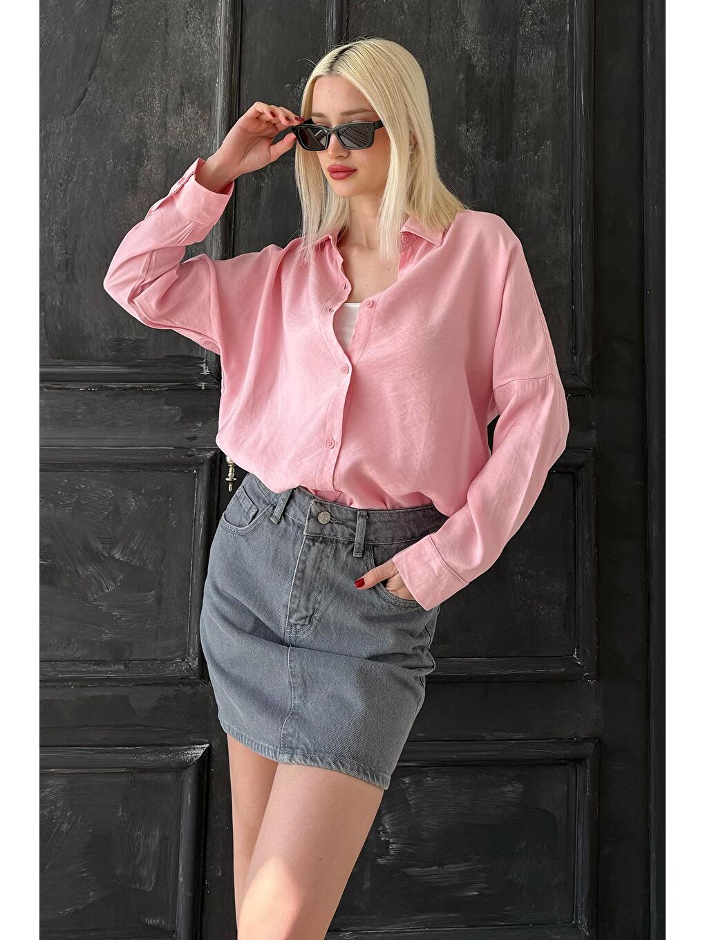 Pembe Uzun Kollu Oversize Gömlek Mg2003-4