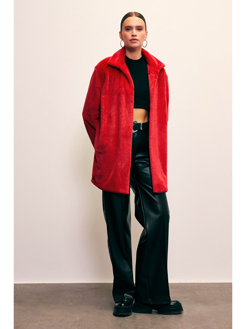 Leopar Astarlı Pelüş Kaban - Kırmızı-2