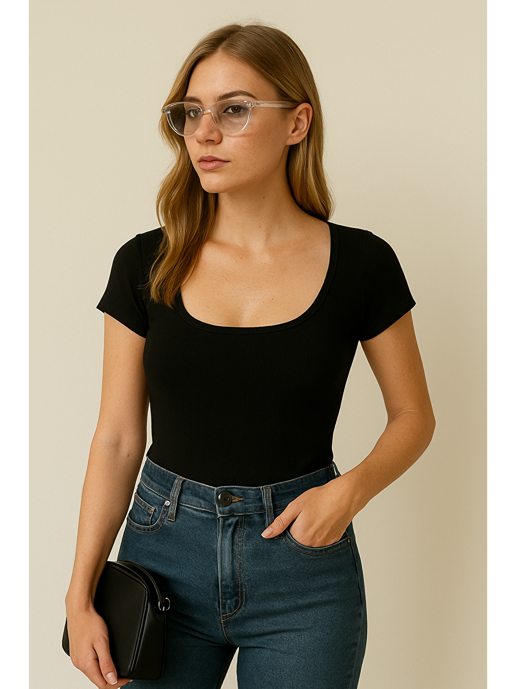 Siyah Geniş Yaka Kadın Tişört Mg2341-2