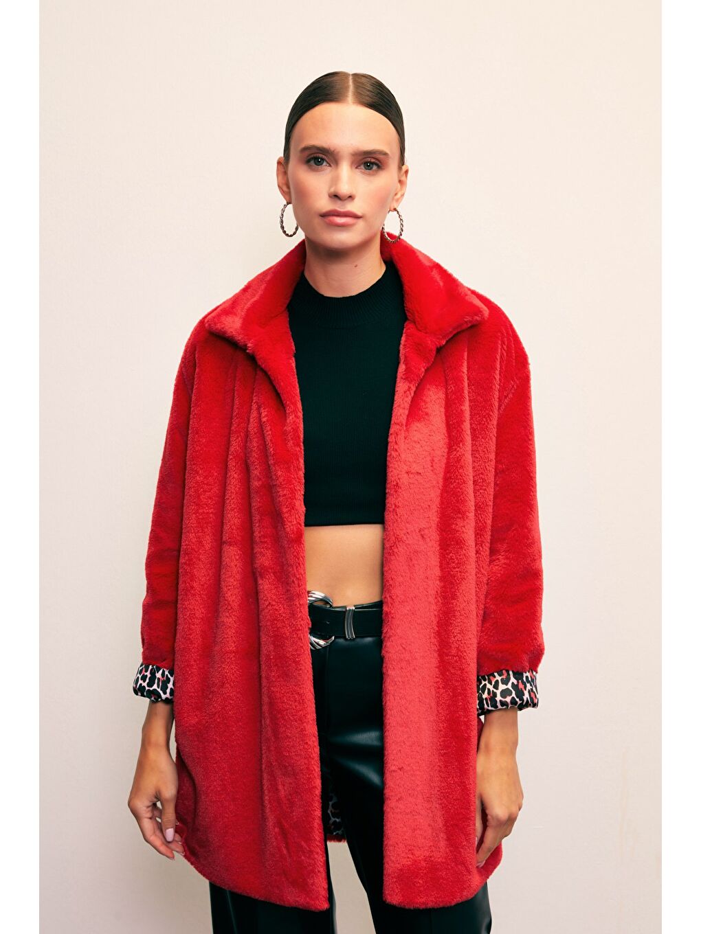 Leopar Astarlı Pelüş Kaban - Kırmızı-4