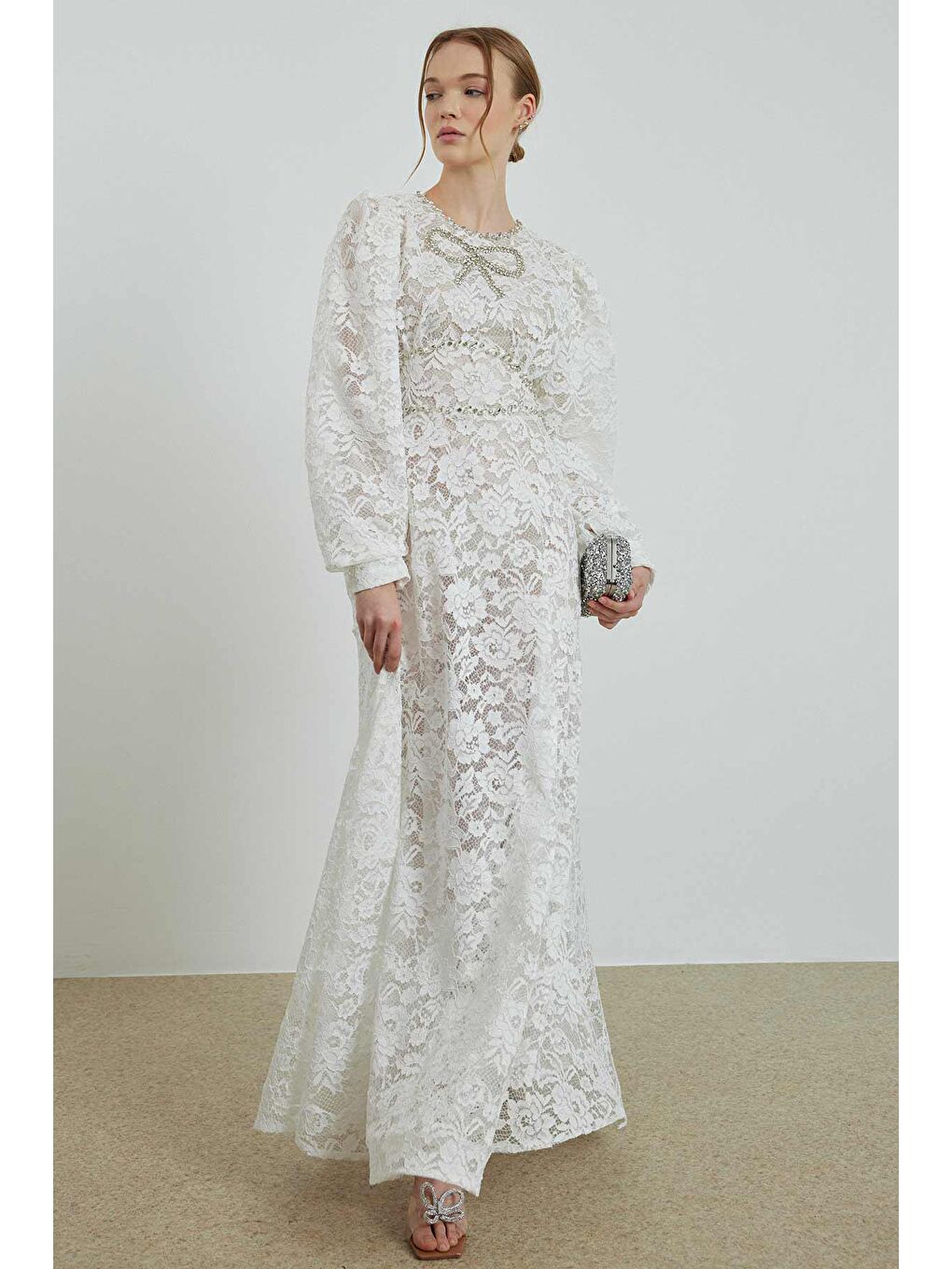 Elisabeth Taş İşlemeli Dantel Elbise - Beyaz-1