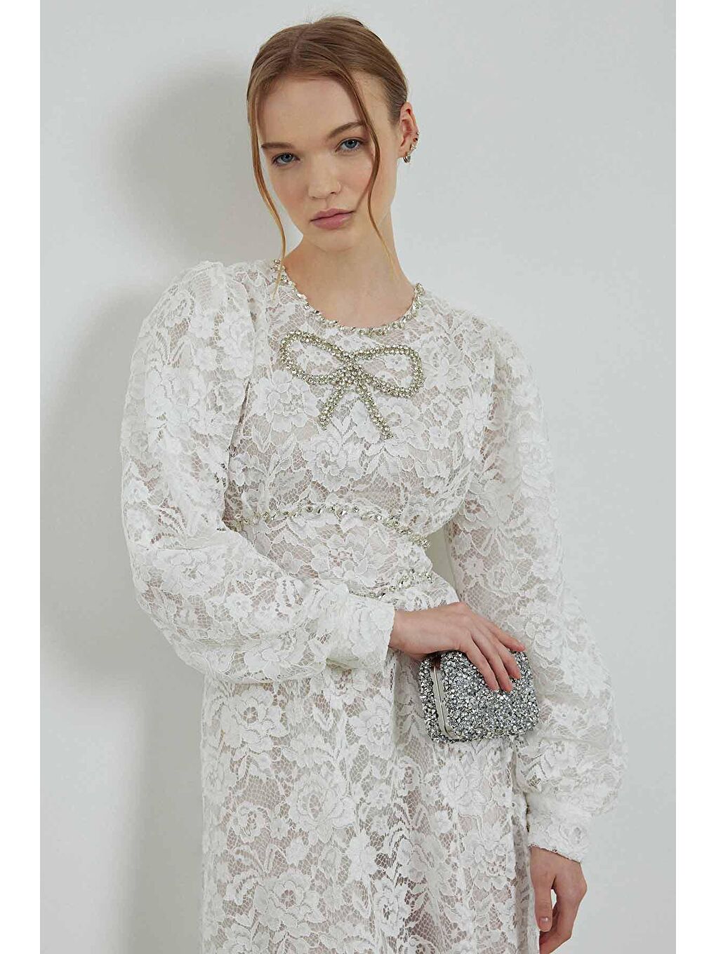 Elisabeth Taş İşlemeli Dantel Elbise - Beyaz-2
