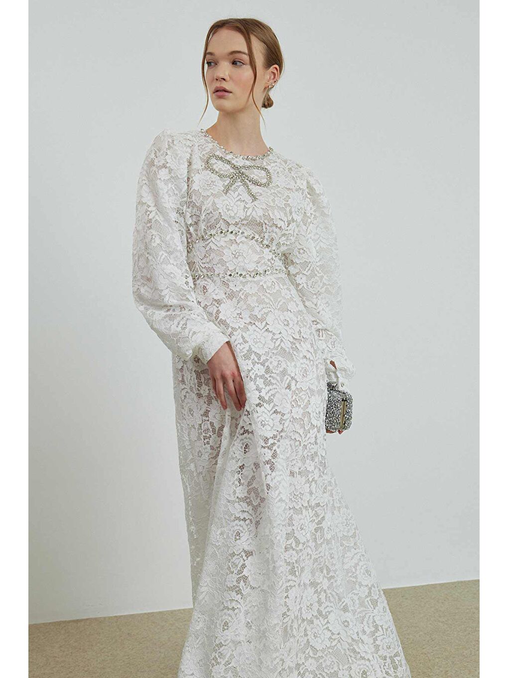 Elisabeth Taş İşlemeli Dantel Elbise - Beyaz-3