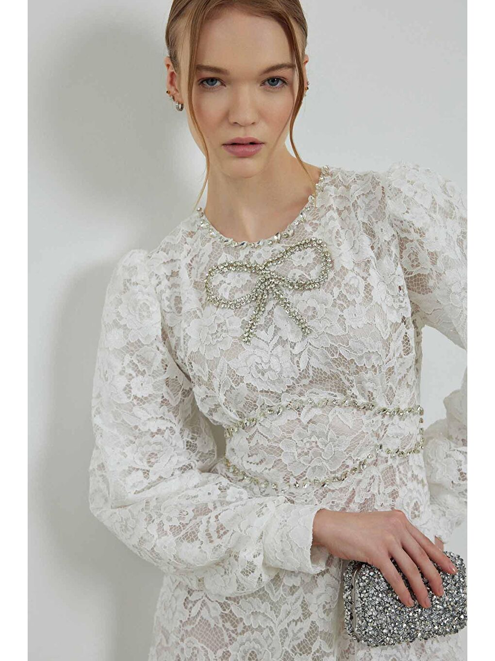 Elisabeth Taş İşlemeli Dantel Elbise - Beyaz-4