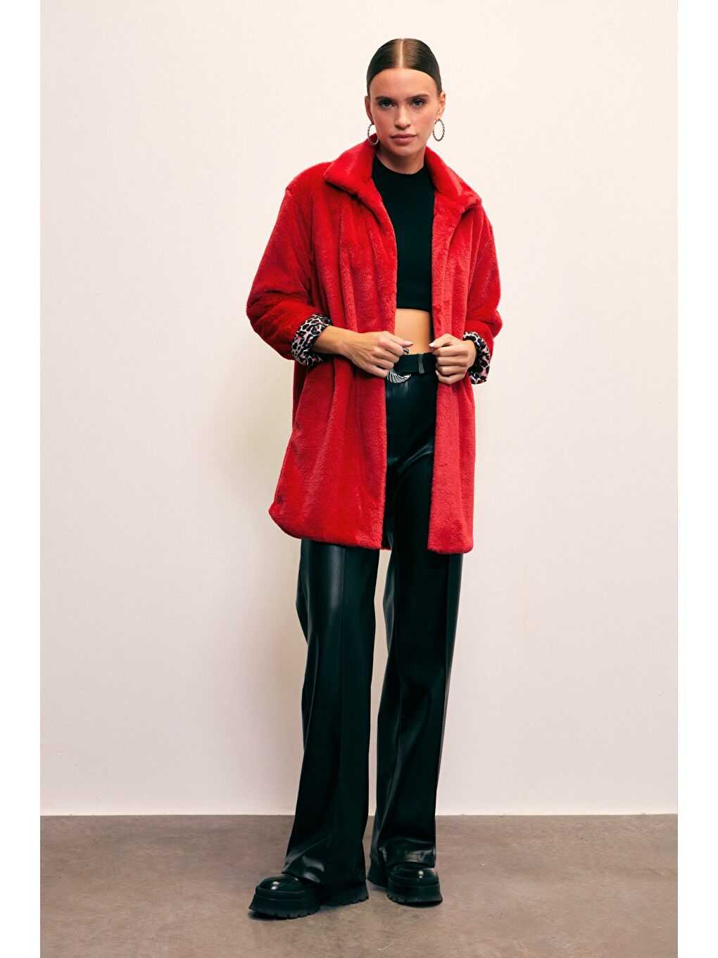 Leopar Astarlı Pelüş Kaban - Kırmızı-6