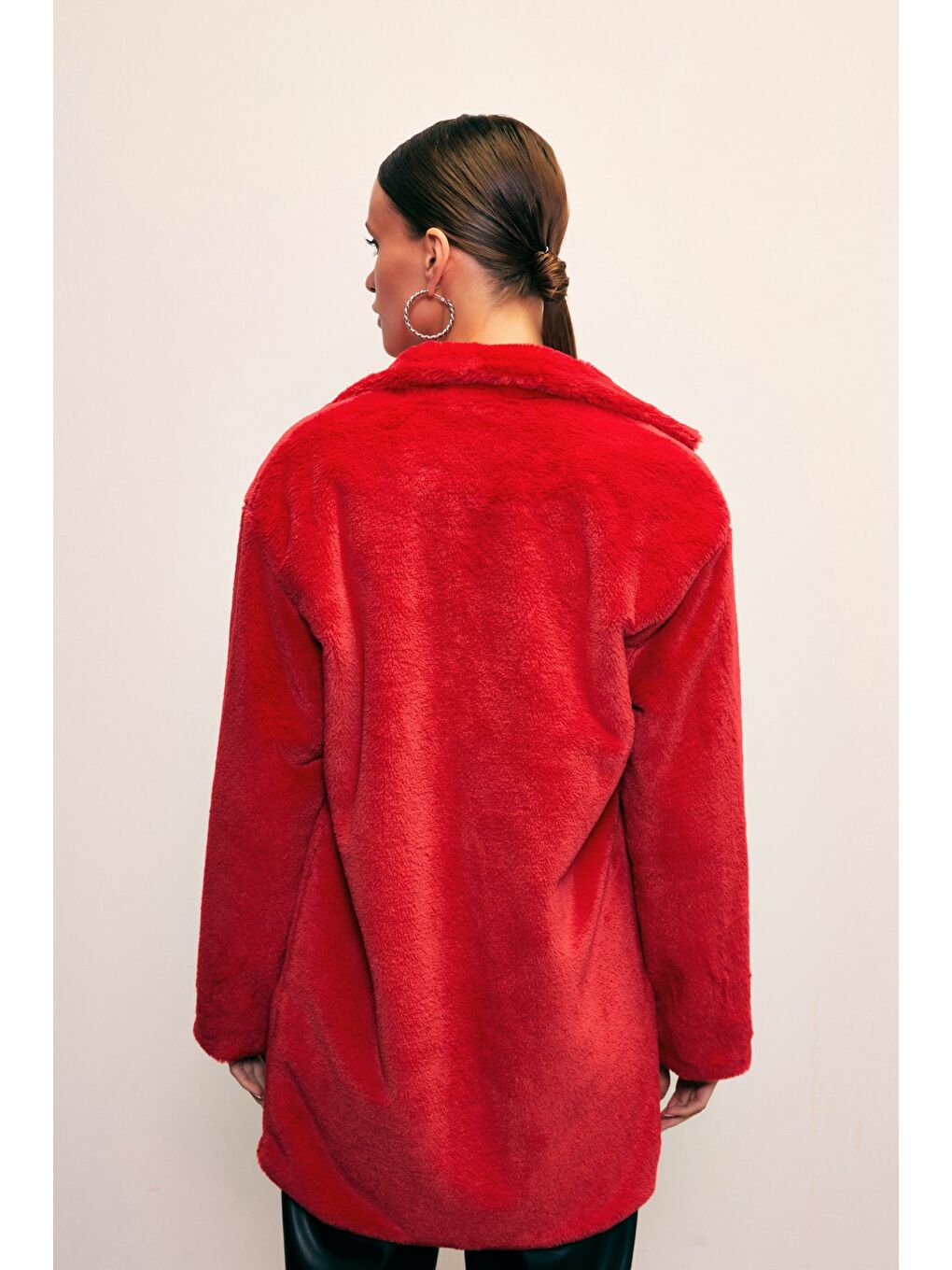 Leopar Astarlı Pelüş Kaban - Kırmızı-7