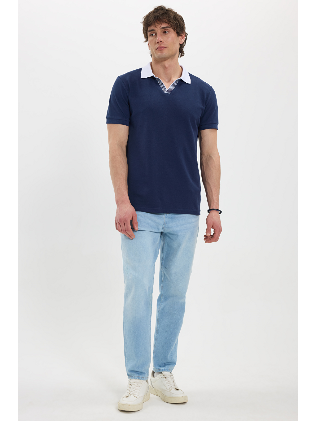 Erkek Slim Fit Dar Kesim %100 Pamuk Lacivert Polo Yaka Tişört-1
