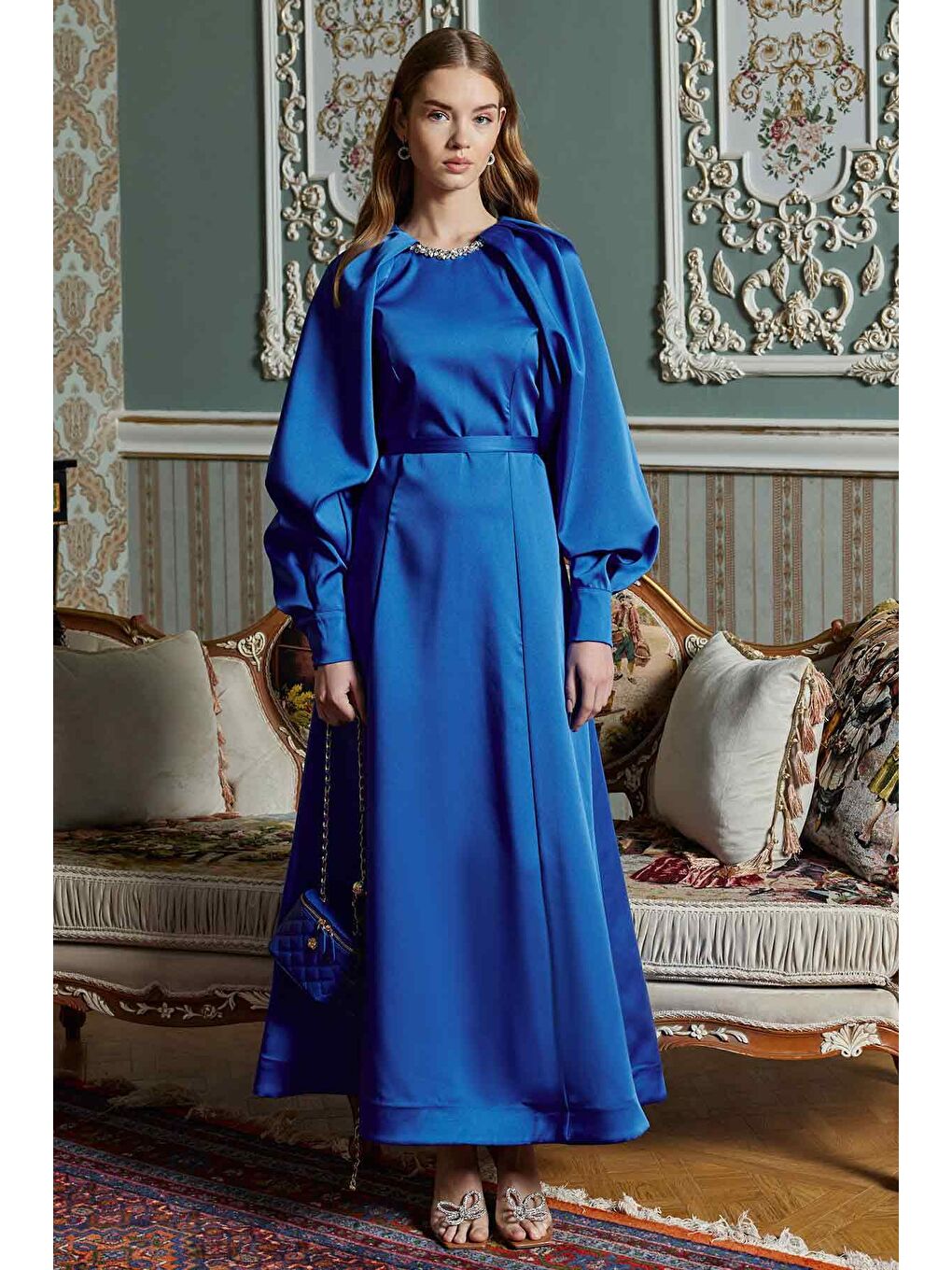 Yakası Taş İşlemeli Elbise - Gece Mavisi