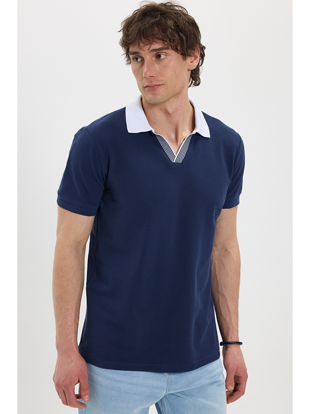 Erkek Slim Fit Dar Kesim %100 Pamuk Lacivert Polo Yaka Tişört-2