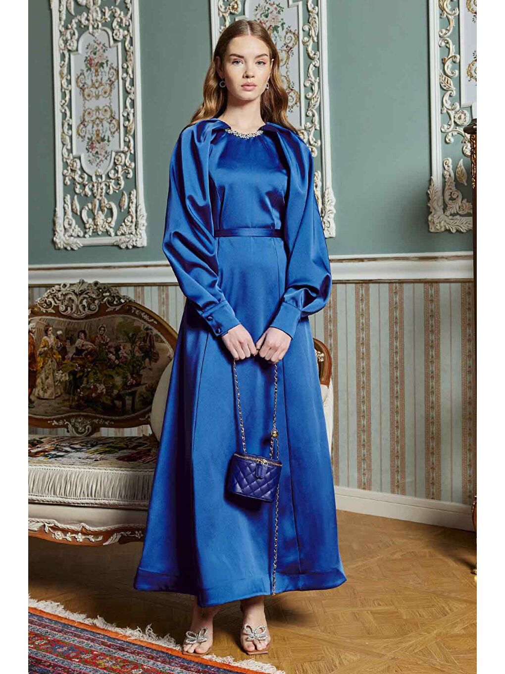 Yakası Taş İşlemeli Elbise - Gece Mavisi-1