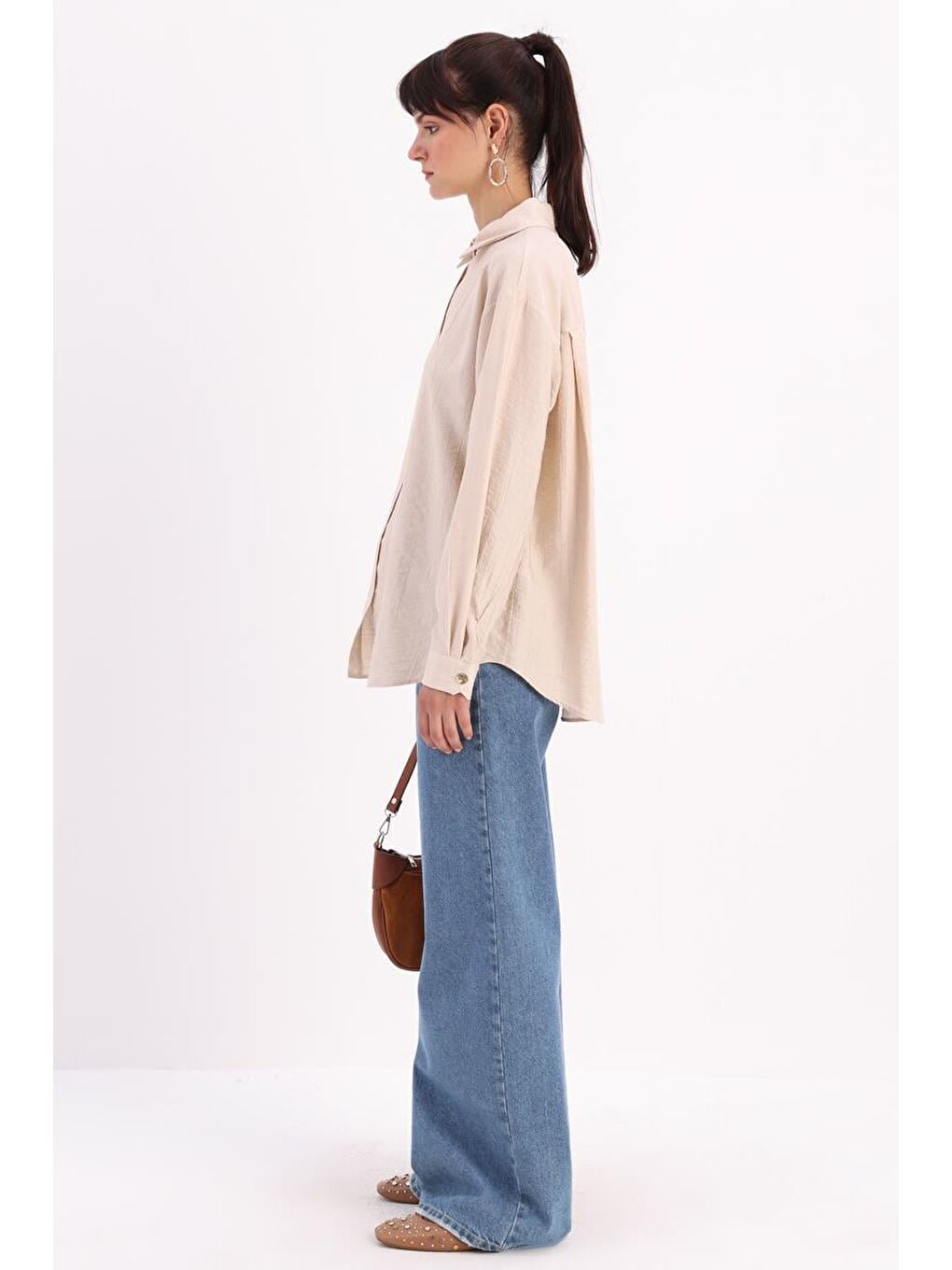 Bej Manşet Detaylı Düğmeli Gömlek-2